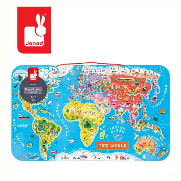 Janod Puzzle magnetyczne Mapa świata (drewniana tablica, 92 elementy)