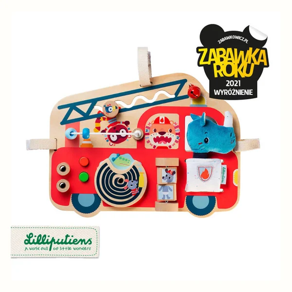 Lilliputiens Drewniana tablica manipulacyjna Wóz strażacki Nosorożec Marius