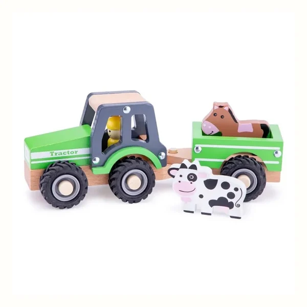 NEW CLASSIC TOYS DREWNIANY TRAKTOR Z PRZYCZEPĄ I ZWIERZĘTAMI